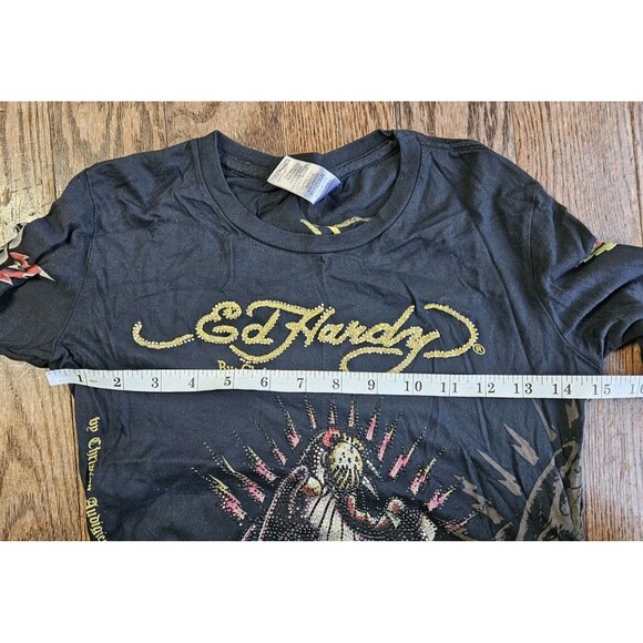 Vtg Y2K Ed Hardy Black Panther Roses Rhinestones Long Sleeve Top Size S - Picture 7 of 12